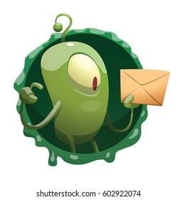 Vector round dark green frame with mucus and with cartoon image of a funny green microbe with one big eye, with an antenna, with arms and legs, standing with a letter in his hand on a white background