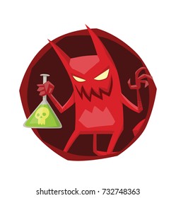 Vector round dark red frame with cartoon image of a funny red devil with horns and tail standing with a green bulb with poison in his hand and smiling on a white background. Demon, business, halloween