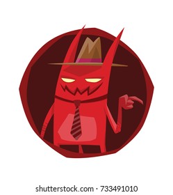 Vector round dark red frame with cartoon image of a funny red devil with horns and tail in a tie and hat standing with a briefcase in hand and smiling on a white background. Demon, business, halloween