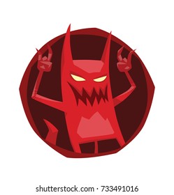 Vector round dark red frame with cartoon image of a funny red devil with horns and tail standing with hands raised up and smiling on a white background. Demon, business, halloween.