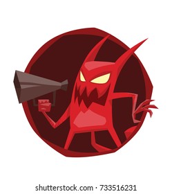 Vector round dark red frame with cartoon image of a funny red devil with horns and tail standing with a black megaphone in his hand and smiling on a white background. Demon, business, halloween.