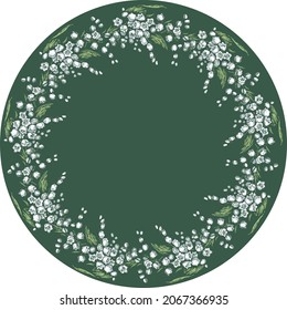 Vector round decorative background with drawn border from delicate lilies of valley