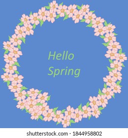 Vector of round decorative frame with pink flowers on blue background.Hello spring card.Blooming cherry