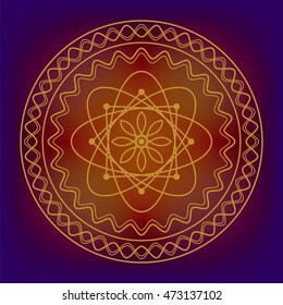 Vector round decorative golden symbol on blurred purple background. Design for logo, game, cover, card.