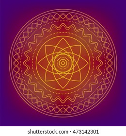 Vector round decorative golden symbol on blur purple background. Design for logo, game, cover, card.