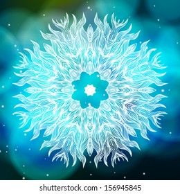 Vector round decorative ornament on blurry cosmic background. Mandala design for card, yoga studio, Christmas holiday home decor, Indian or Thai cuisine restaurants ads, spa salon, lounge music poster