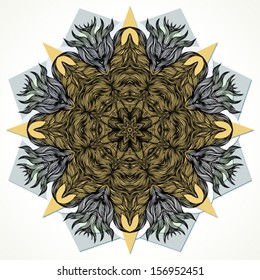 Vector round decorative ornament on paper cut background. Mandala design for card, yoga studio, modern Indian or Thai cuisine restaurants ads, spa salon ad, grunge or lounge music poster template.
