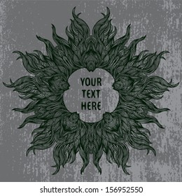 Vector round decorative ornament on grey textured background. Mandala design for card, wedding invitation, modern urban restaurant menu, underground tattoo salon ad, grunge music poster template