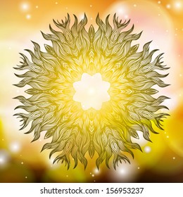 Vector round decorative ornament on gold shining background. Mandala design for card, yoga studio, holiday decor, Indian or Thai cuisine restaurants menu, spa salon ad template, lounge music CD cover