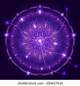 Vector round decorative ornament on cosmic background. Mandala design for card, yoga studio. Abstract medusa.