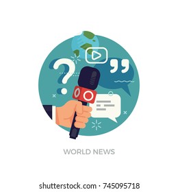 Vector round design element on global news, journalism, live report or interview with hand holding microphone and abstract media icons and symbols. Press conference minimalistic illustration