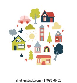 Vector round design element. Set of cute city elemets. Colorful hand-drawn houses, trees, sun, hearts, bunch. Set of vector decoration elements.