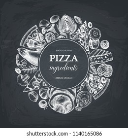 Vector round design with hand drawn pizza ingredients sketches. Vintage frame for pizzeria or cafe menu with meat, seafood, cheese, vegetables, mushrooms. Top view fast food illustration on chalkboard