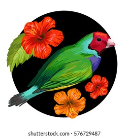 Vector round design. Realistic style. Colorful painting with tropical bird and exotic flowers.