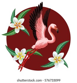 Vector round design. Realistic style. Colorful painting with tropical bird and exotic flowers.