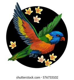 Vector round design. Realistic style. Colorful painting with tropical bird and exotic flowers.