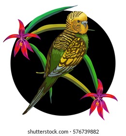 Vector round design. Realistic style. Colorful painting with tropical bird and exotic flowers.