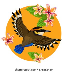 Vector round design. Realistic style. Colorful painting with tropical bird and exotic flowers.
