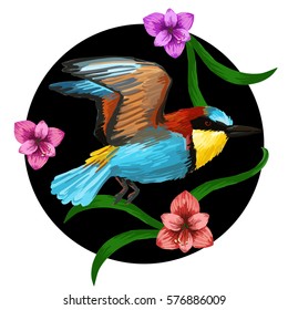 Vector round design. Realistic style. Colorful painting with tropical bird and exotic flowers.