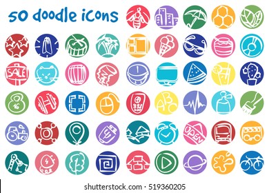 Vector round doodle icons set. Stock cartoon signs for design.
