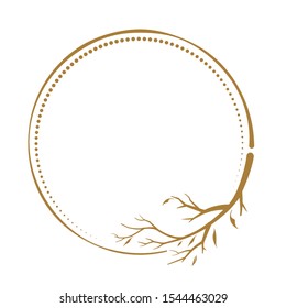 Vector round dotted frame with autumn branch decoration. Fall season vintage style template.