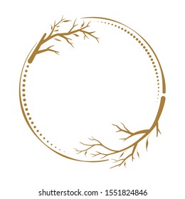 Vector round dotted frame with autumn branches decoration. Fall season vintage style template.