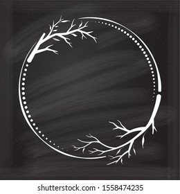 Vector round dotted frame with autumn branches decoration on a chalkboard background. Fall season vintage style template.