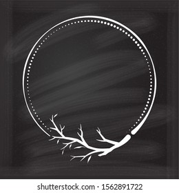 Vector round dotted frame with autumn branches decoration on a chalkboard background. Fall season vintage style template.