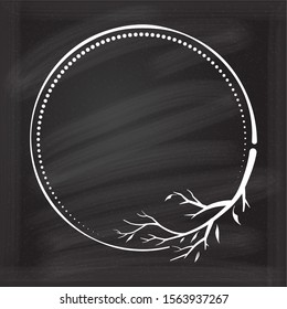 Vector round dotted frame with autumn branches decoration on a chalkboard background. Fall season vintage style template.