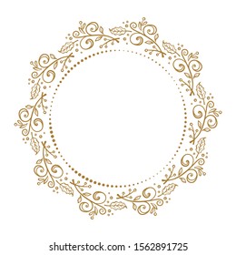 Vector round dotted frame with Christmas floral decoration. Vintage style card template.