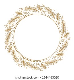 Vector round dotted frame with mistletoe leaf decoration. Christmas vintage style template.