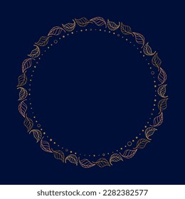 Vector round dotted frame on the dark blue background. Autumn leaves decoration