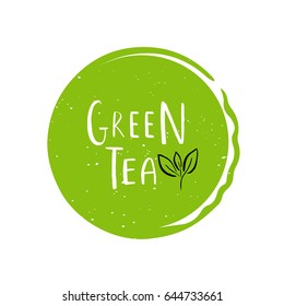 Vector round eco, bio green logo or sign. Vegan, raw, healthy food badge, tag for cafe, restaurants, packaging. Hand drawn lettering Green tea. Organic design template.