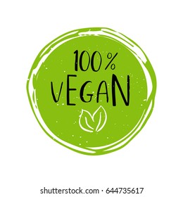 Vector round eco, bio green logo or sign. Raw, healthy food badge, tag for cafe, restaurants, packaging. Hand drawn lettering 100% Vegan. Organic design template.