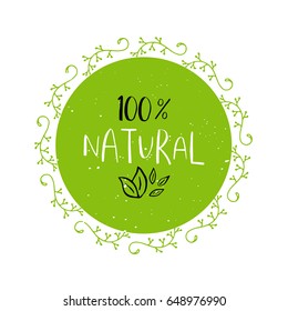 Vector round eco, bio green logo or sign. Vegan, raw, healthy food badge, tag for cafe, restaurants, packaging. Hand drawn circle, leaves, plant elements with lettering. Organic design template.