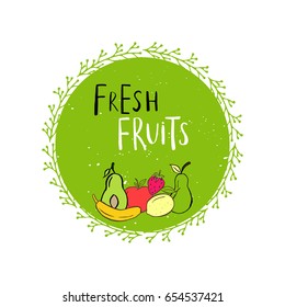 Vector round eco, bio green logo or sign. Vegan, raw, healthy food badge, tag for cafe, restaurants, packaging. Hand drawn circle, leaves, plant elements with lettering. Organic design template.