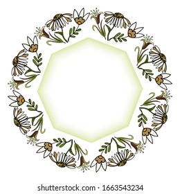 Vector round elegant spring floral frame with flowers daisies and a snowdrop bell. Greeting card, blank for banner background with place for text. Hand-drawn doodle style cartoon.