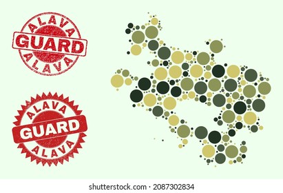 Vector round elements collage Alava Province map in camo colors, and dirty seals for guard and military services. Round red imprints have phrase GUARD inside.