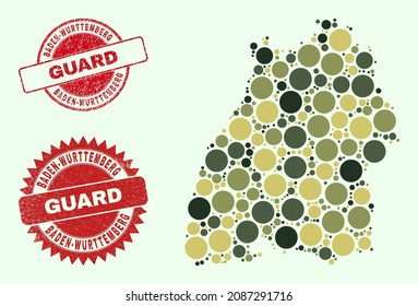 Vector round elements collage Baden-Wurttemberg Land map in camouflage hues, and textured stamp prints for guard and military services. Round red stamps have phrase GUARD inside.