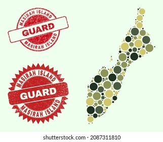 Vector round elements collage Masirah Island map in camouflage colors, and unclean stamp prints for guard and military services. Round red imprints contain phrase GUARD inside.