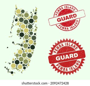 Vector round elements collage Pemba island map in camouflage hues, and grunge watermarks for guard and military services. Round red watermarks have word GUARD inside.