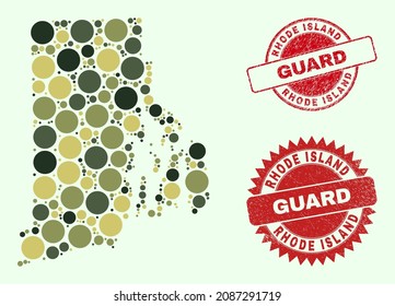 Vector round elements collage Rhode Island State map in camo colors, and rubber badges for guard and military services. Round red stamp seals include word GUARD inside.
