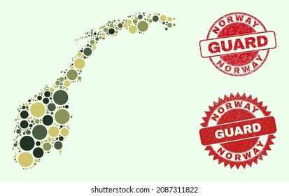 Vector round elements combination Norway map in khaki colors, and grunge stamp seals for guard and military services. Round red stamp seals include word GUARD inside.
