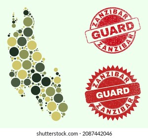 Vector round elements combination Zanzibar Island map in khaki hues, and scratched stamps for guard and military services. Round red stamps have word GUARD inside.