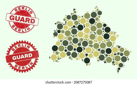 Vector round elements composition Berlin City map in khaki colors, and dirty seals for guard and military services. Round red imprints have phrase GUARD inside.