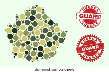 Vector round elements composition Cuenca Province map in camo hues, and corroded stamp seals for guard and military services. Round red stamp seals include phrase GUARD inside.