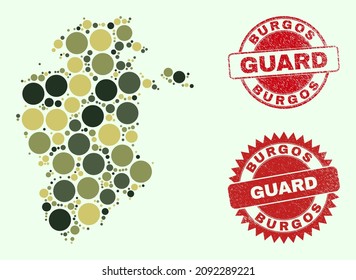 Vector round elements mosaic Burgos Province map in khaki hues, and dirty stamp prints for guard and military services. Round red imprints contain phrase GUARD inside.