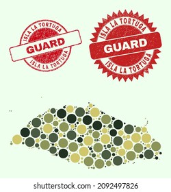 Vector round elements mosaic Isla La Tortuga map in khaki colors, and rubber badges for guard and military services. Round red imprints have word GUARD inside.