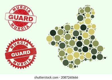Vector round elements mosaic Murcia Province map in camo colors, and scratched badges for guard and military services. Round red watermarks include phrase GUARD inside.