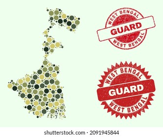 Vector round elements mosaic West Bengal State map in camouflage hues, and rubber stamp prints for guard and military services. Round red stamp seals include word GUARD inside.